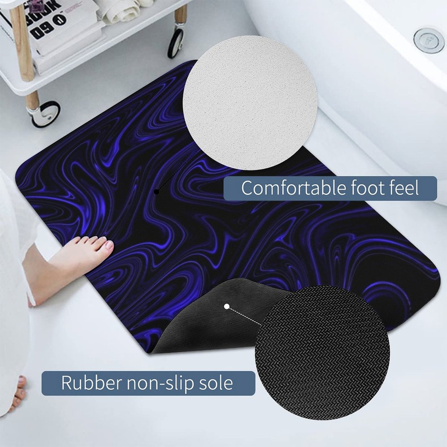 A top-down flat view of the rectangular bath mat featuring the Cobalt Heavenly Depths kinetic flow design in vibrant blue and black.