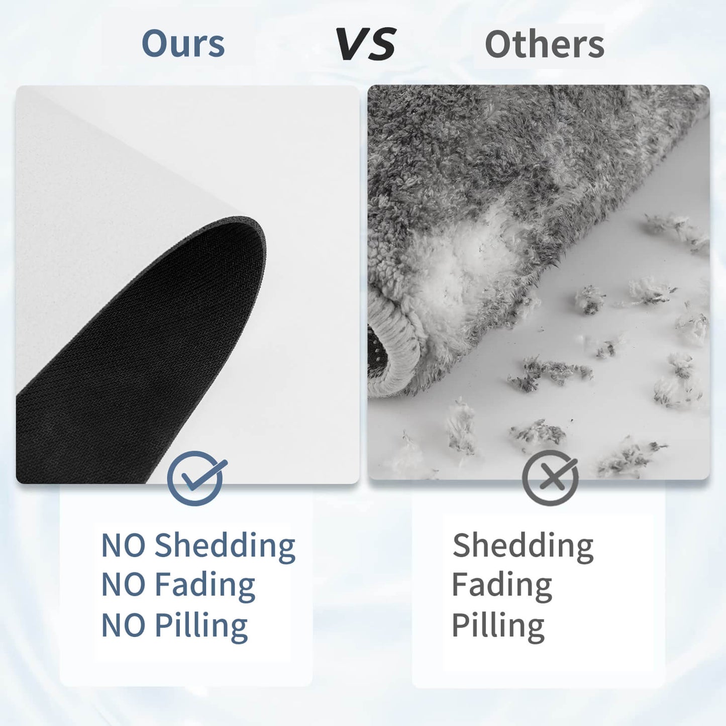 Comparison chart showing this mat has no shedding, no fading, and no pilling compared to lower-quality alternative bath mats.