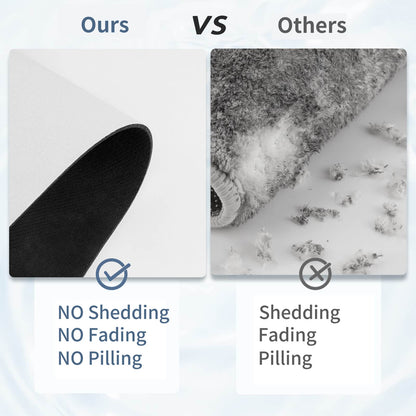 Comparison chart showing this mat has no shedding, no fading, and no pilling compared to lower-quality alternative bath mats.