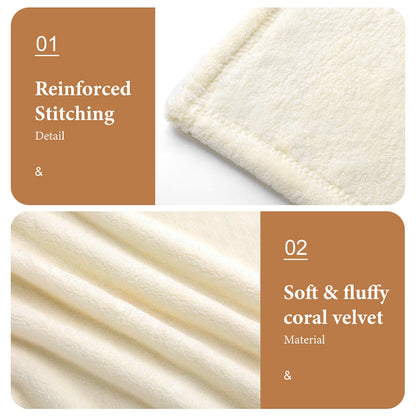 Detail shots showing the reinforced stitching and the soft, fluffy coral velvet material texture of the Flow (01-02) hand towel.
