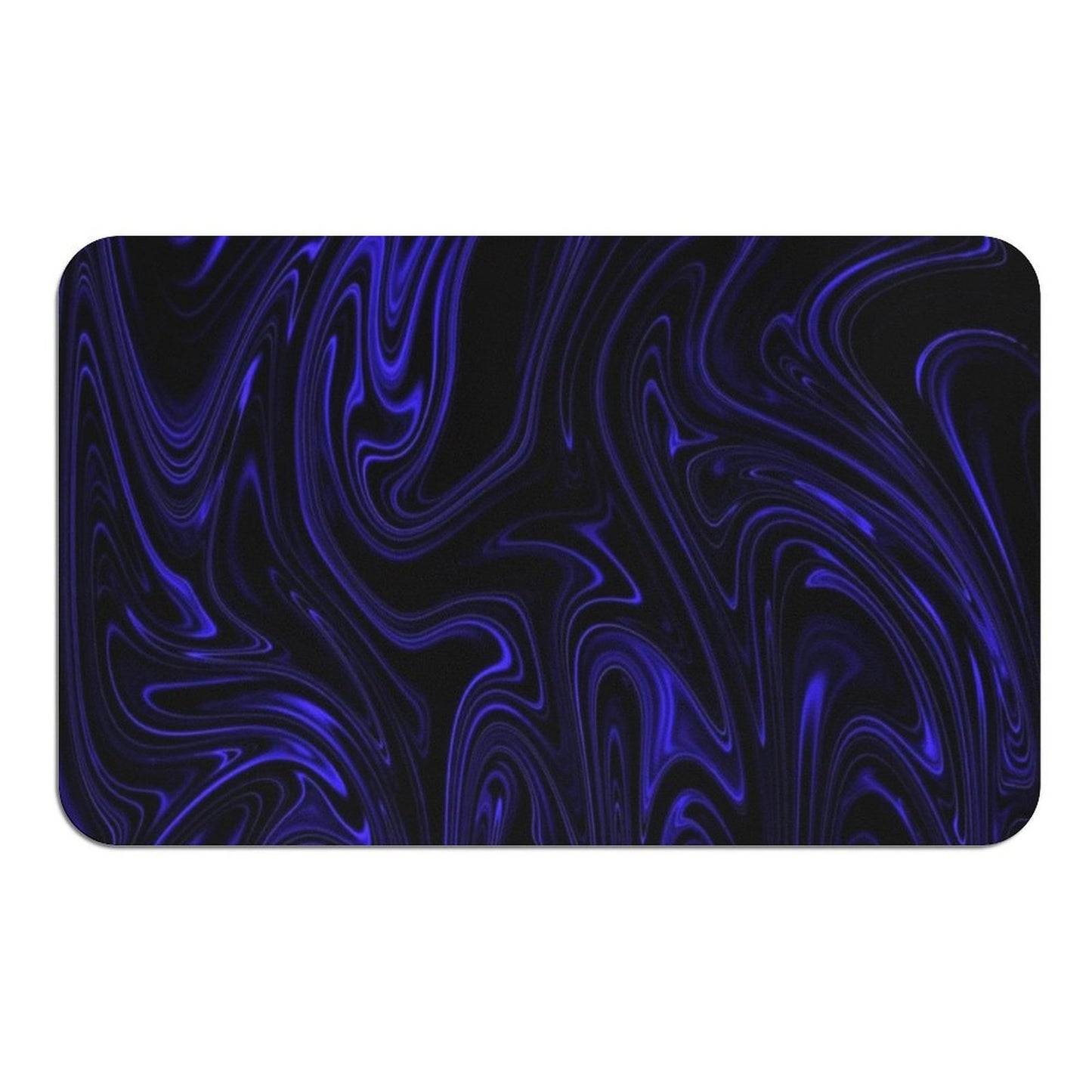 A top-down flat view of the rectangular bath mat featuring the Cobalt Heavenly Depths kinetic flow design in vibrant blue and black.
