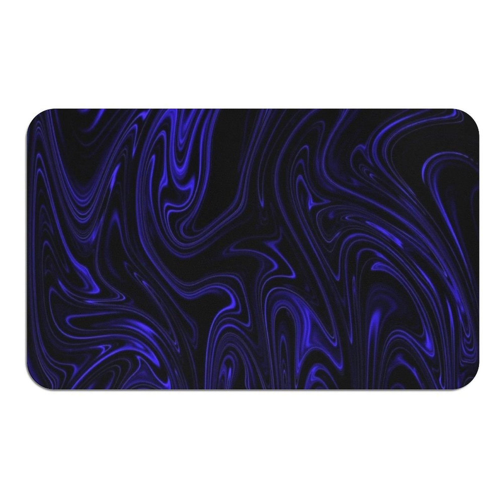 A top-down flat view of the rectangular bath mat featuring the Cobalt Heavenly Depths kinetic flow design in vibrant blue and black.