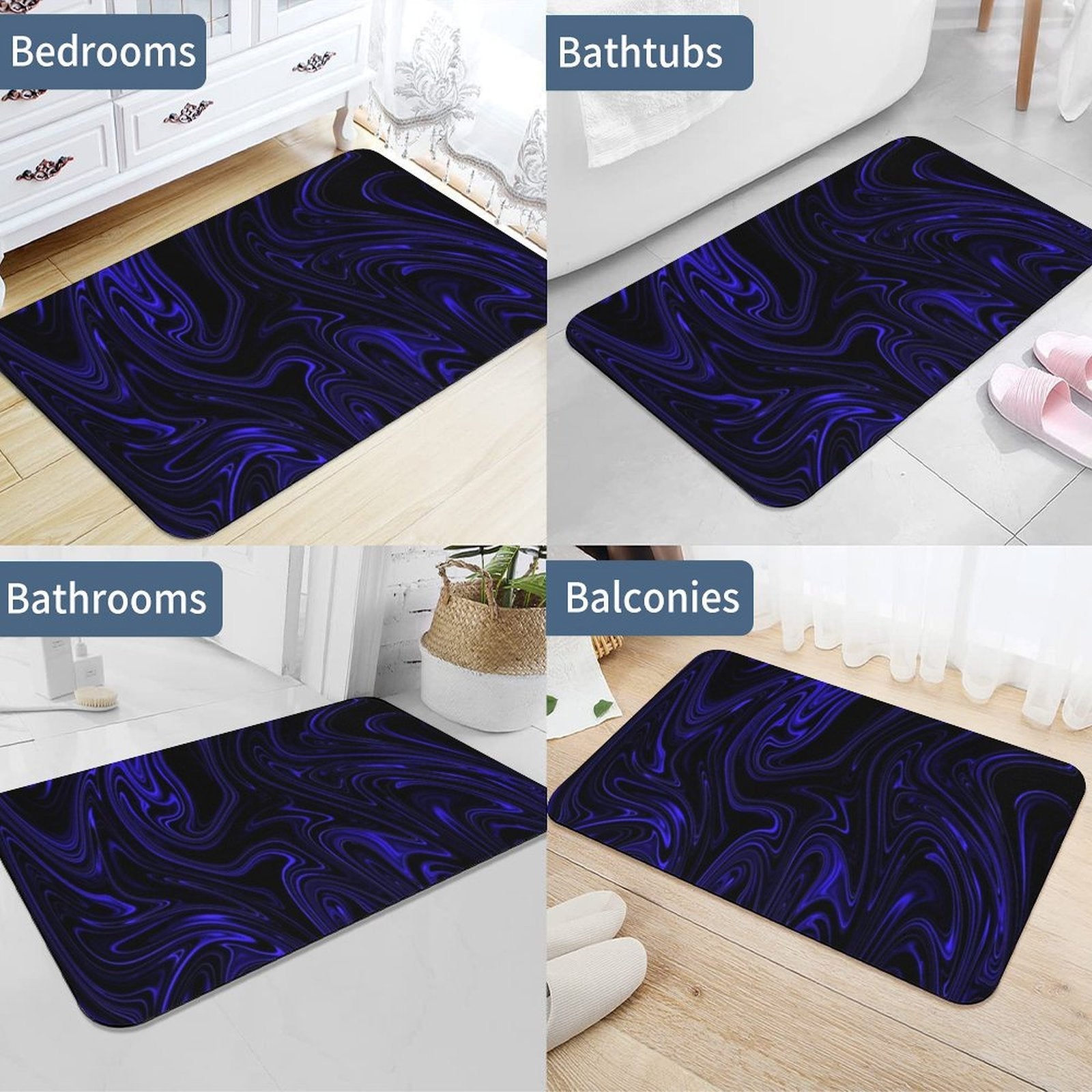 A collage showing the Cobalt liquid swirl mat in various home settings including bedrooms, bathtubs, bathrooms, and balconies.