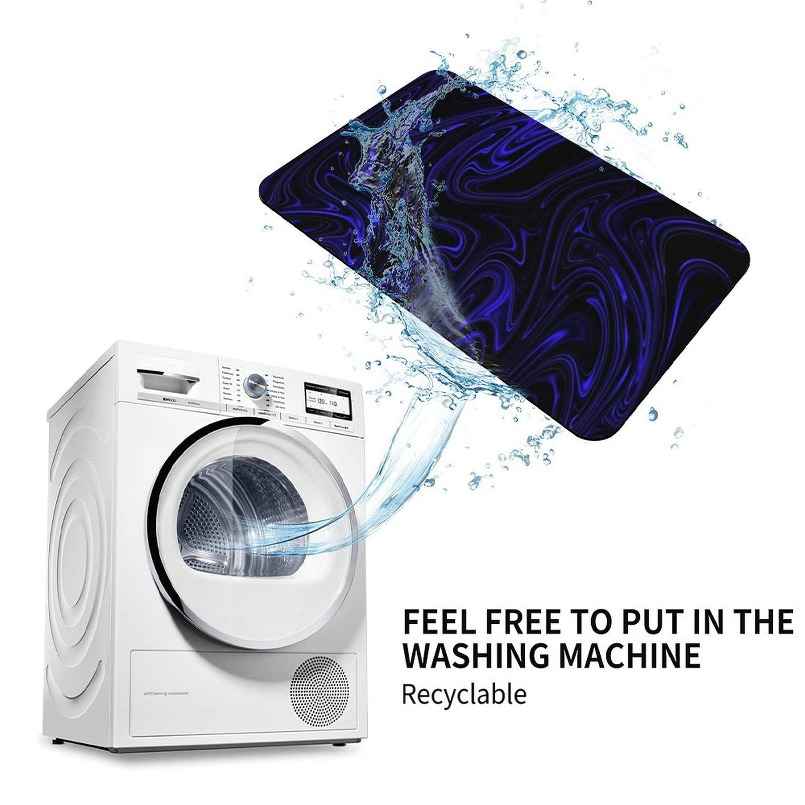 Graphic showing the Cobalt Heavenly Depths bath mat is machine washable and recyclable for easy maintenance and longevity.