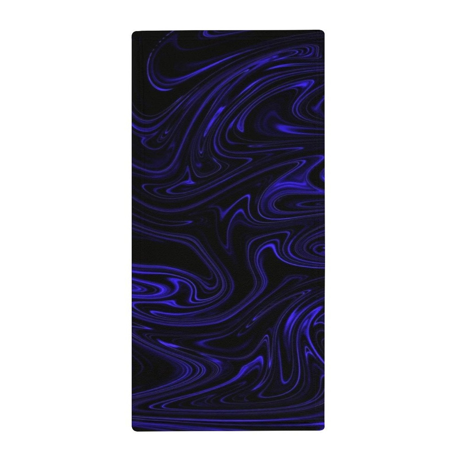 A top-down flat view of the full rectangular hand towel featuring the Cobalt Heavenly Depths kinetic flow design in vibrant blue and deep black.