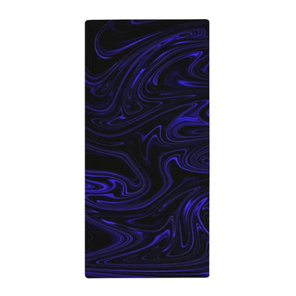 A top-down flat view of the full rectangular hand towel featuring the Cobalt Heavenly Depths kinetic flow design in vibrant blue and deep black.