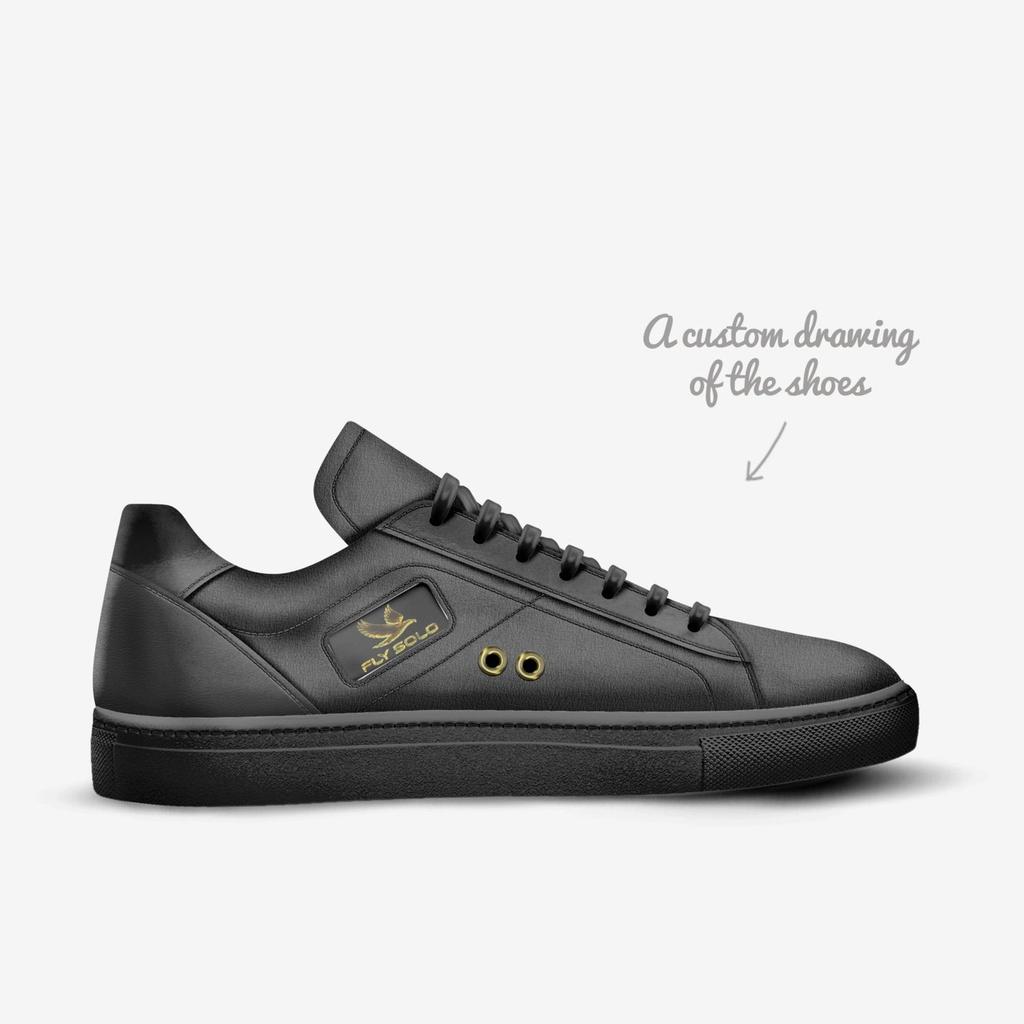 Profile view of the black leather Fly Solo low-top sneaker, showcasing the gold eagle logo and two gold lace eyelets. The entire shoe is all-black.