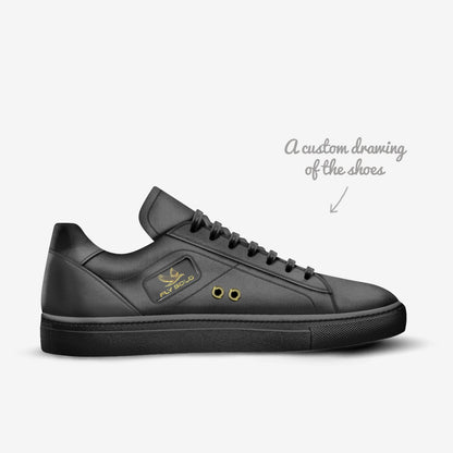 Profile view of the black leather Fly Solo low-top sneaker, showcasing the gold eagle logo and two gold lace eyelets. The entire shoe is all-black.