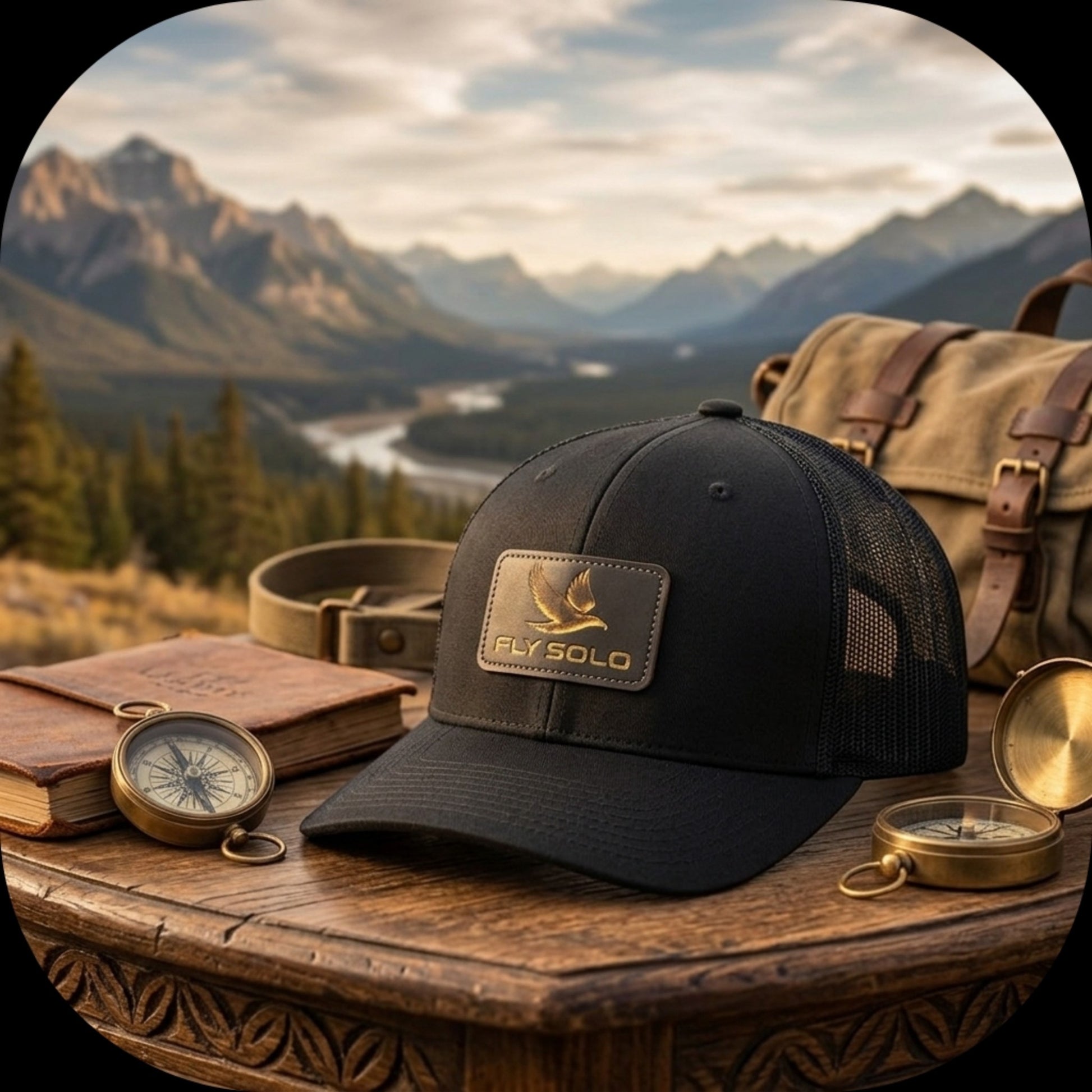All-black Fly Solo trucker hat displayed on a rustic table with a compass and journal, overlooking a vast mountain valley.