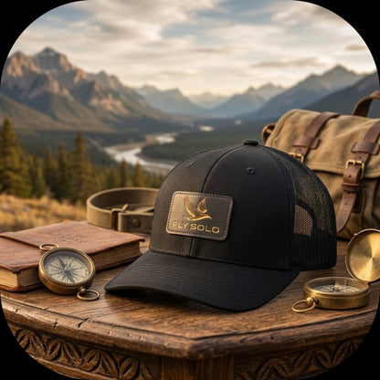 All-black Fly Solo trucker hat displayed on a rustic table with a compass and journal, overlooking a vast mountain valley.