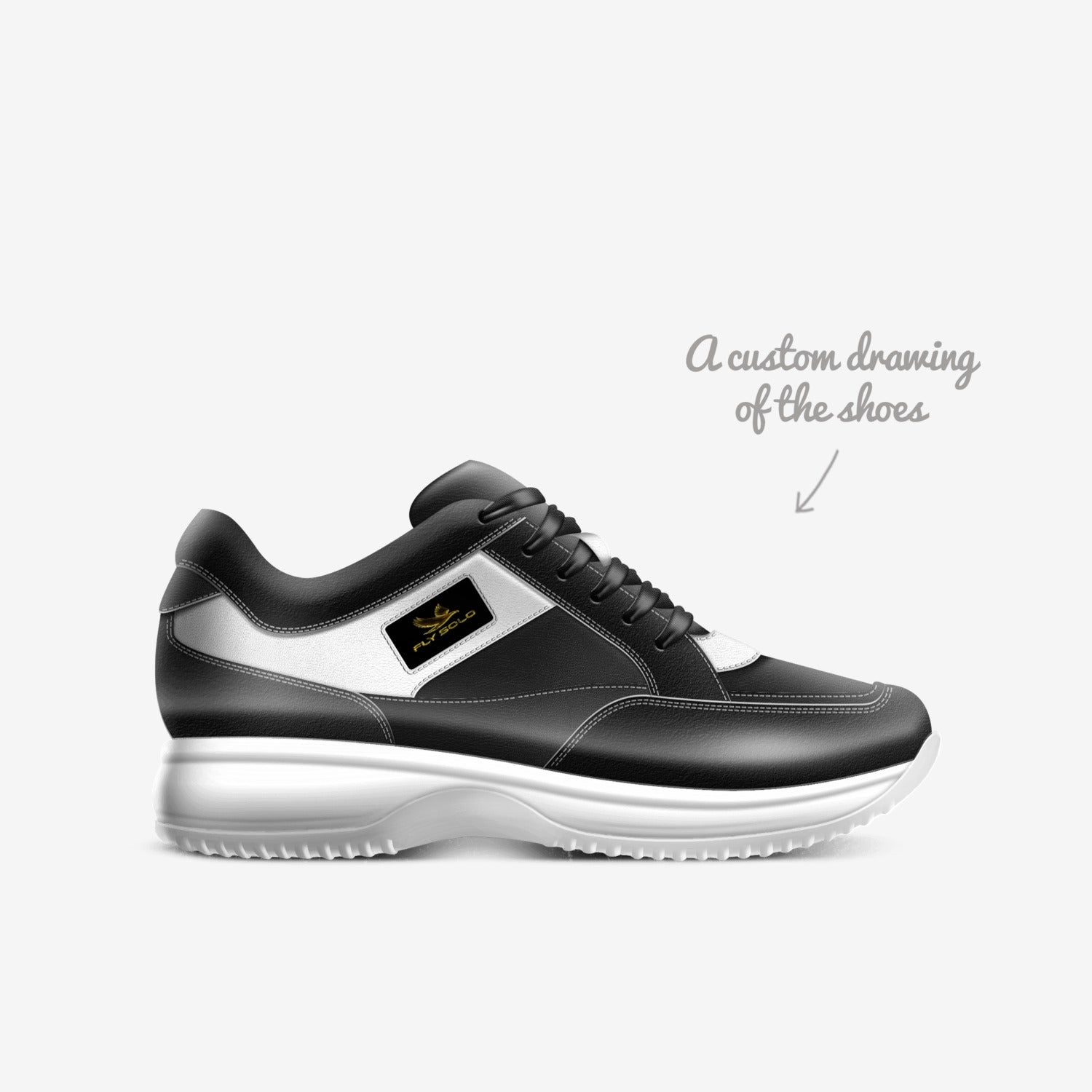 A custom digital drawing/illustration of the Fly Solo sneaker showing the sleek design lines and white platform sole.