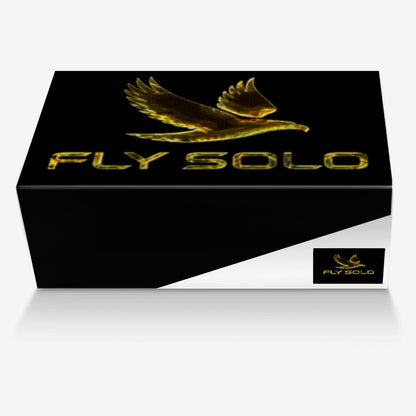 Front view of the black Fly Solo shoe box featuring a golden eagle in flight and bold "FLY SOLO" typography.
