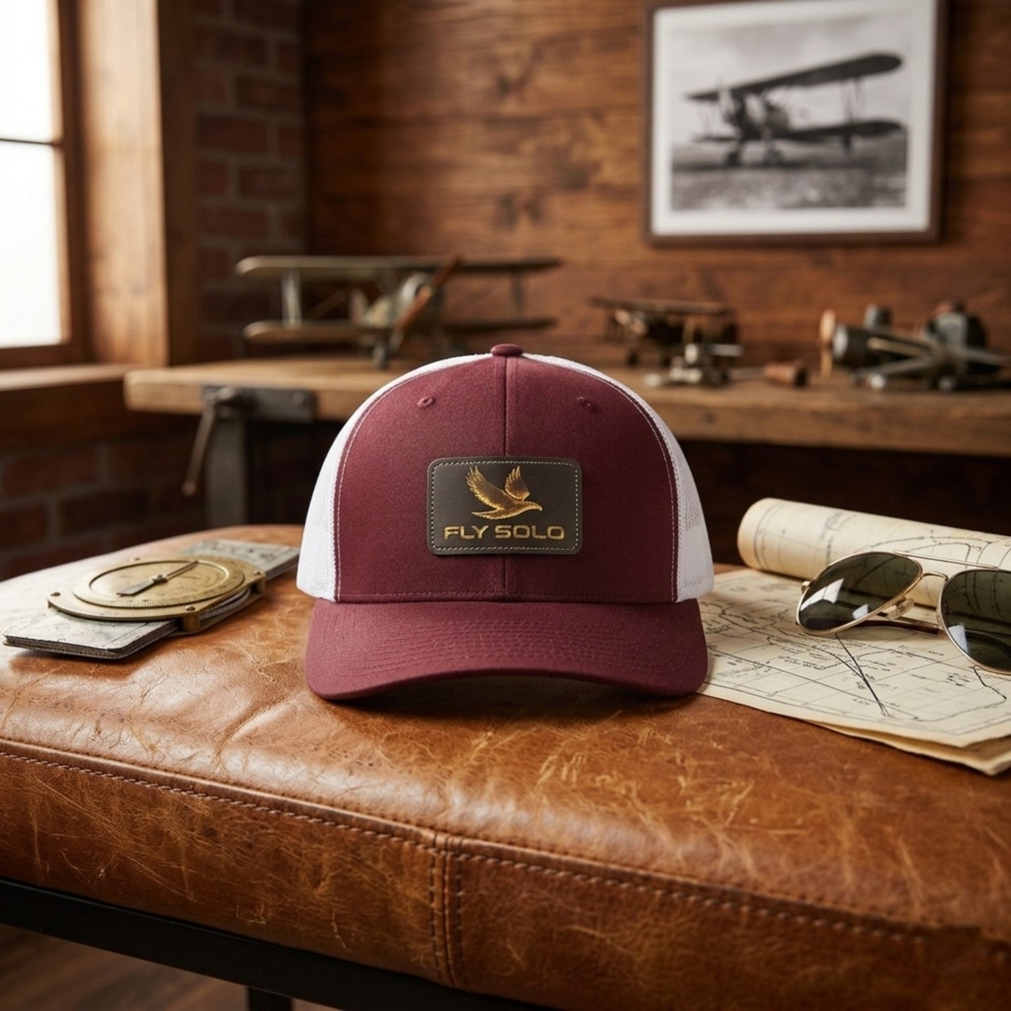 Maroon and white Fly Solo trucker hat resting on a leather flight seat with a pilot's map and aviator glasses in the background.