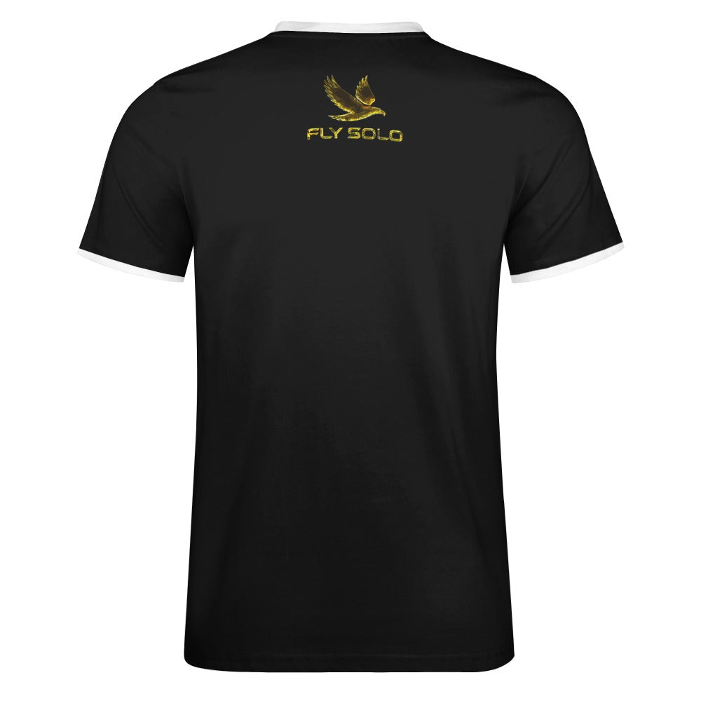 Clean back product shot of the ringer style cotton tee highlighting the golden bird emblem and white trim accents..