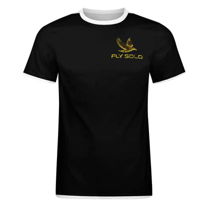 Clean front product shot of the ringer style cotton tee highlighting the golden bird emblem and white trim accents.