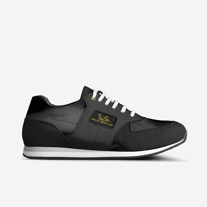 Direct lateral side view of the men's Fly Solo sneaker, showing the black leather panels, textured overlays, and white midsole.