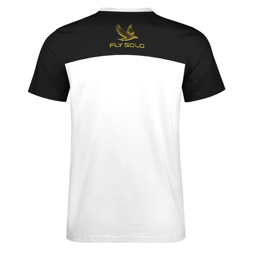 Clean back product shot of the split-panel tee showing the black upper section with a gold logo and contrasting white sleeves and lower body.