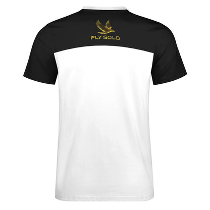 Clean back product shot of the split-panel tee showing the black upper section with a gold logo and contrasting white sleeves and lower body.