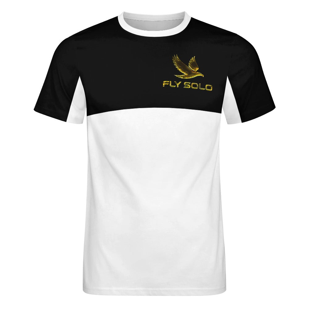Clean front product shot of the modern split-panel tee with a horizontal seam separating the black top and white bottom halves.