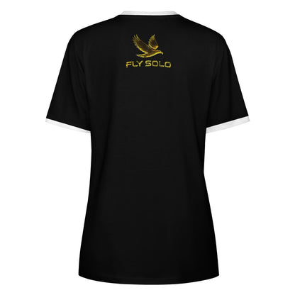 Clean back product shot of the ringer style cotton tee highlighting the golden bird emblem.