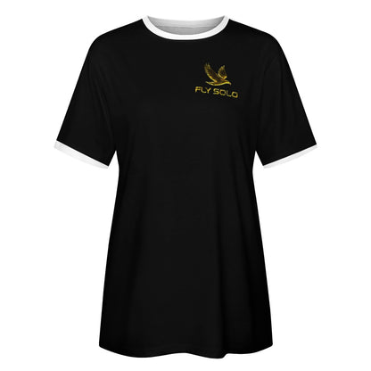 Clean front product shot of the black cotton ringer tee with white neck and sleeve trim and gold Fly Solo branding.