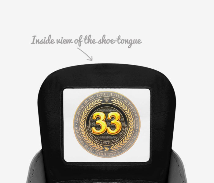 Inside view of the shoe tongue featuring a circular gold emblem with the number 33 and the text "Resurrection and Ancient Authority."