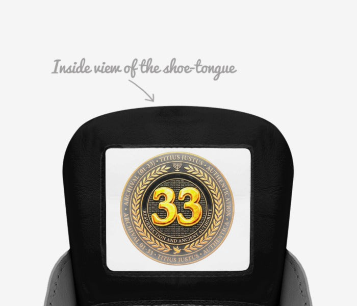 Inside view of the shoe tongue featuring a circular gold emblem with the number 33 and the text "Resurrection and Ancient Authority".