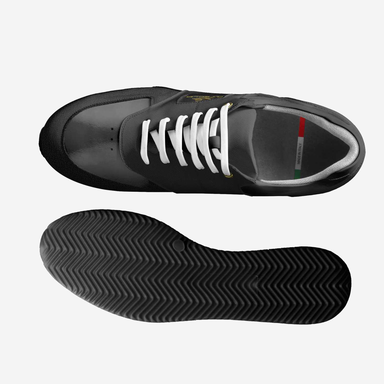 Top-down view of the Fly Solo sneaker showing the white laces and interior, paired with a view of the black zig-zag patterned outsole.