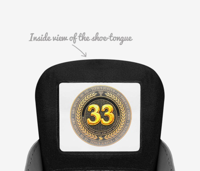 An inside view of the shoe tongue, with an arrow pointing to a central gold '33' emblem, surrounded by text that reads, "TITIUS JUSTUS ARCHIVAL AUTHENTICATION RESURRECTION ANCIENT AUTHORITY.