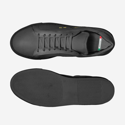 Two flat lay views: one of the all-black Fly Solo sneaker from above, showing the top branding and laces, and one showing the full-length textured rubber sole.