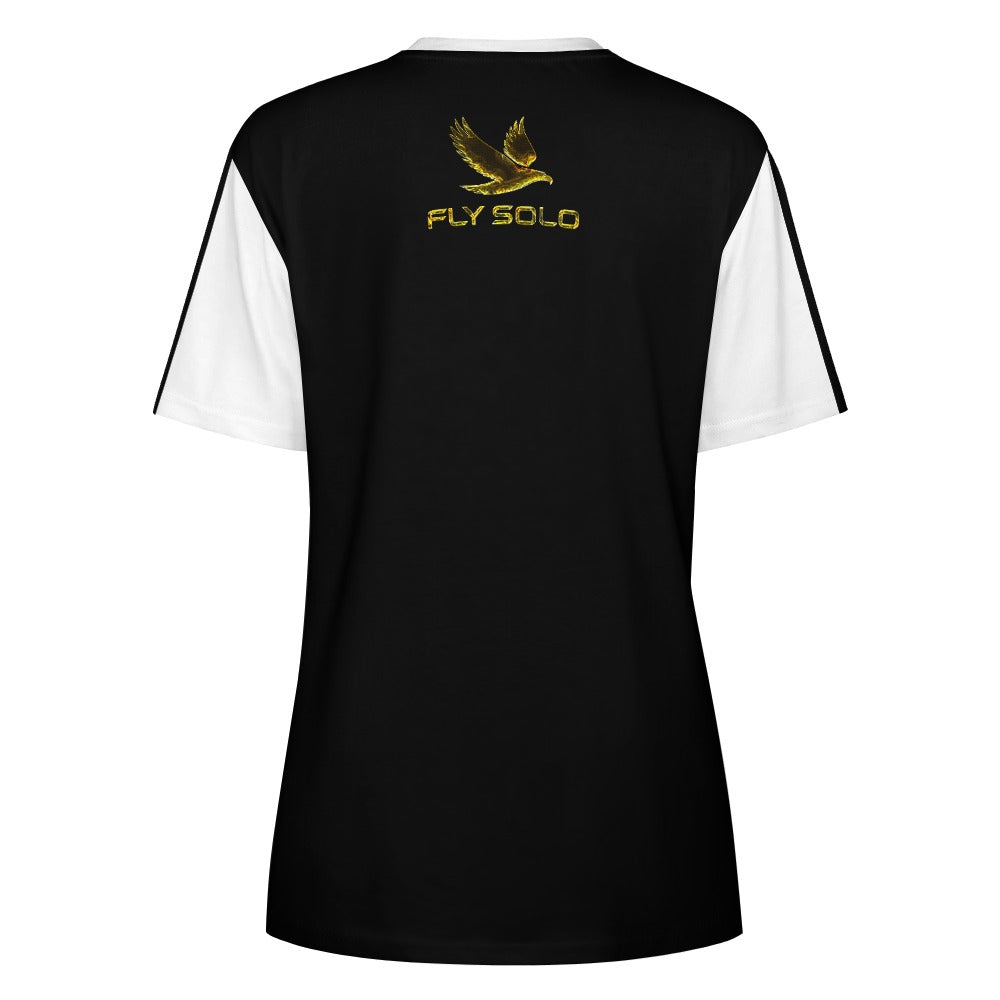 Clean back product shot of the split-panel tee with contrasting white sleeves and a gold logo on the upper back.