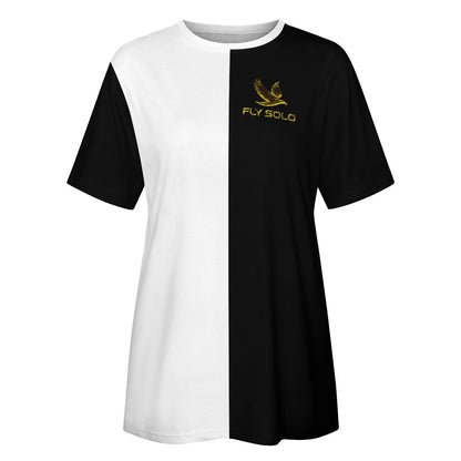Clean front product shot of the modern split-panel tee with a vertical seam separating the white and black halves.