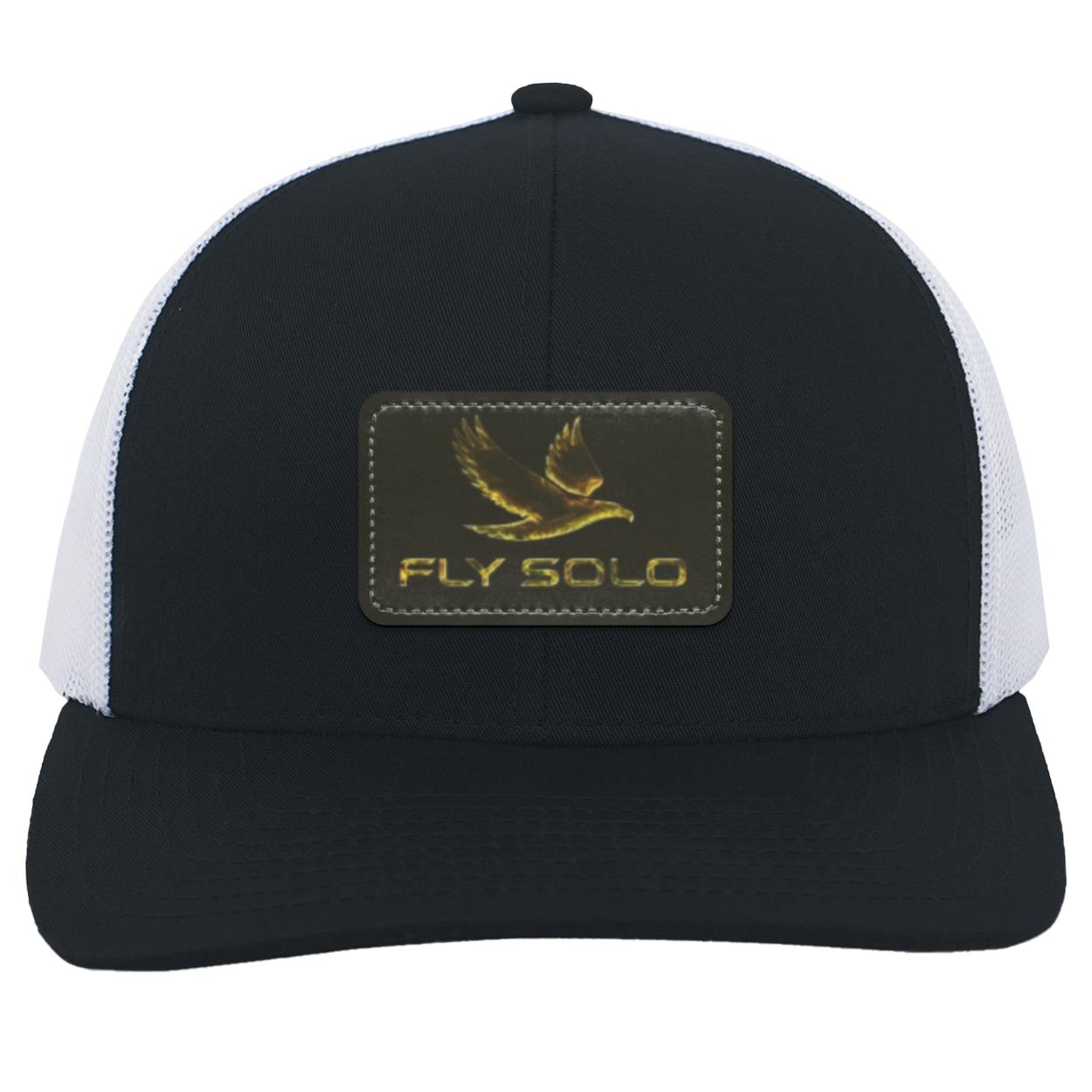 Clean front product shot of the navy  Fly Solo trucker hat with white mesh panels and gold embossed branding.