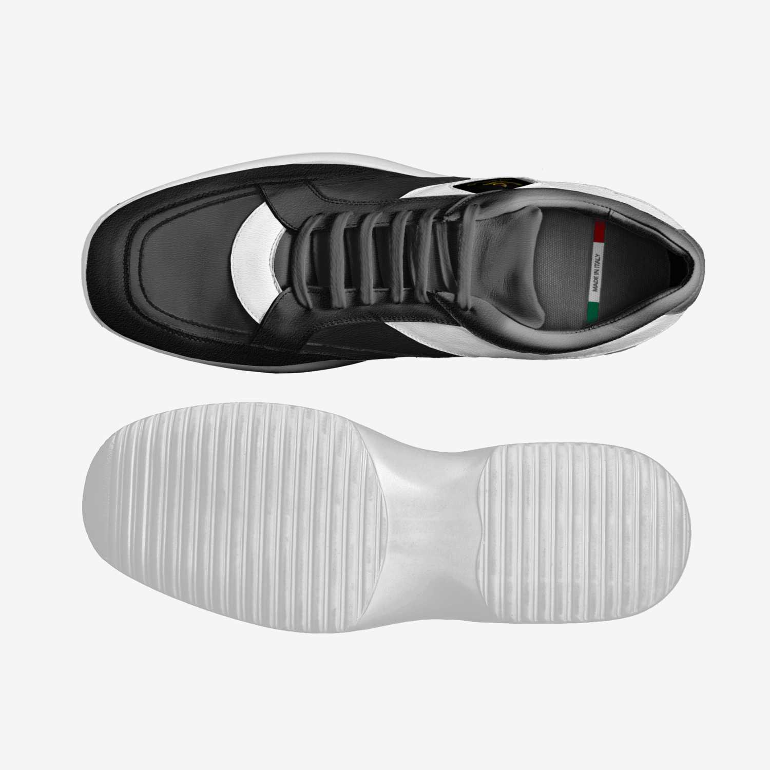 A overhead perspective view of a pair of Fly Solo walking sneakers highlighting the black laces and white accents.