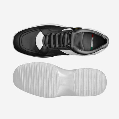 A overhead perspective view of a pair of Fly Solo walking sneakers highlighting the black laces and white accents.