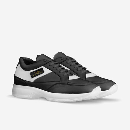 A three-quarter perspective view of a pair of Fly Solo walking sneakers highlighting the black laces and white accents.