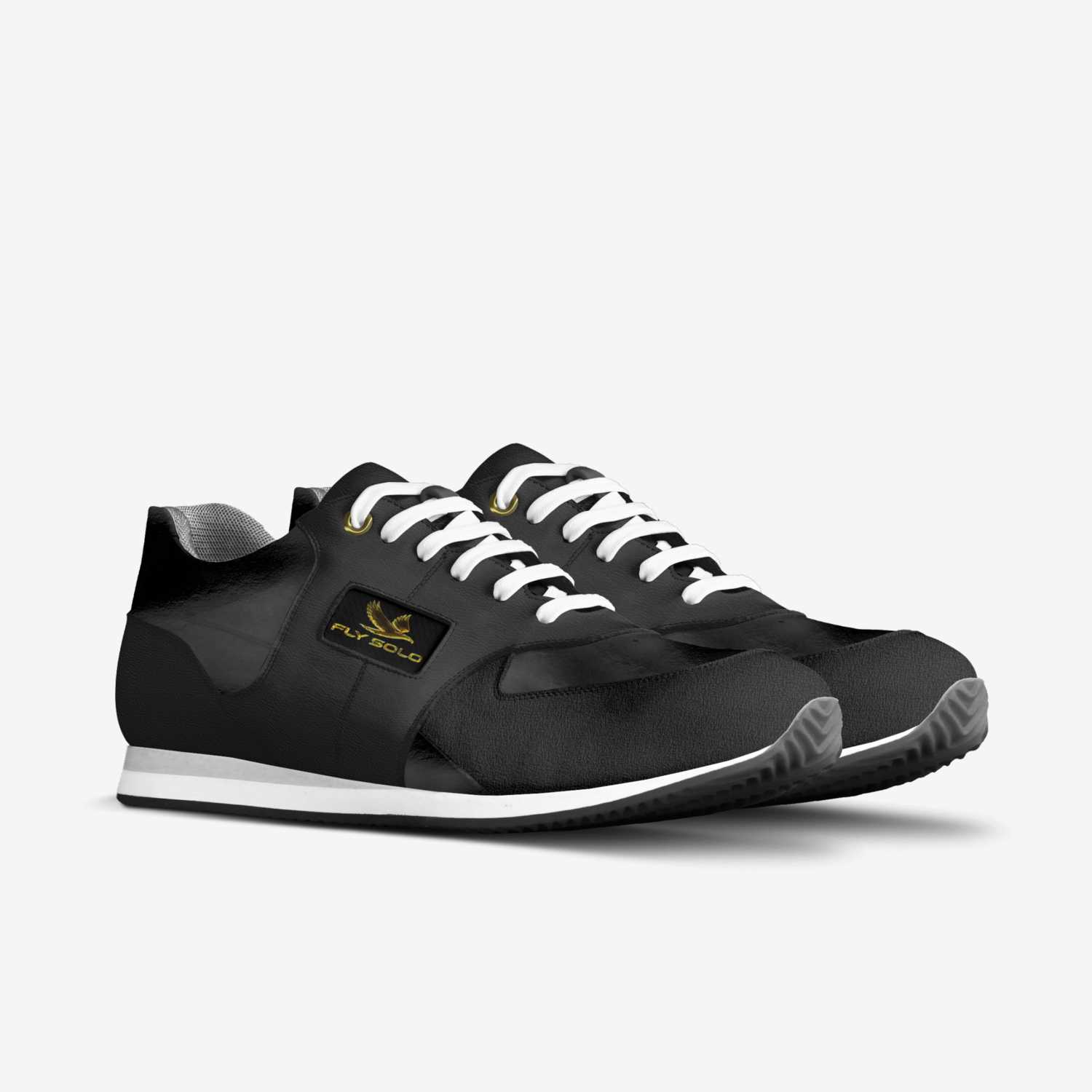 A three-quarter perspective view of a pair of Fly Solo walking sneakers highlighting the white laces and black-on-black textured design.