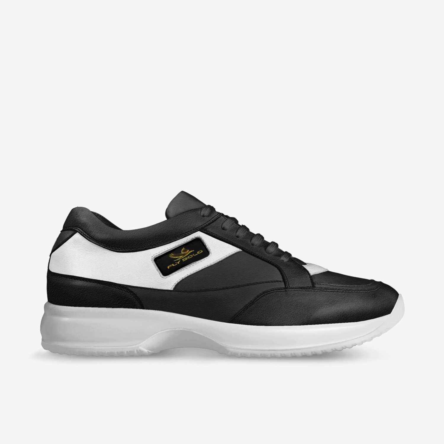 Direct lateral side view of the women's Fly Solo sneaker, showing the black leather panels and white midsole