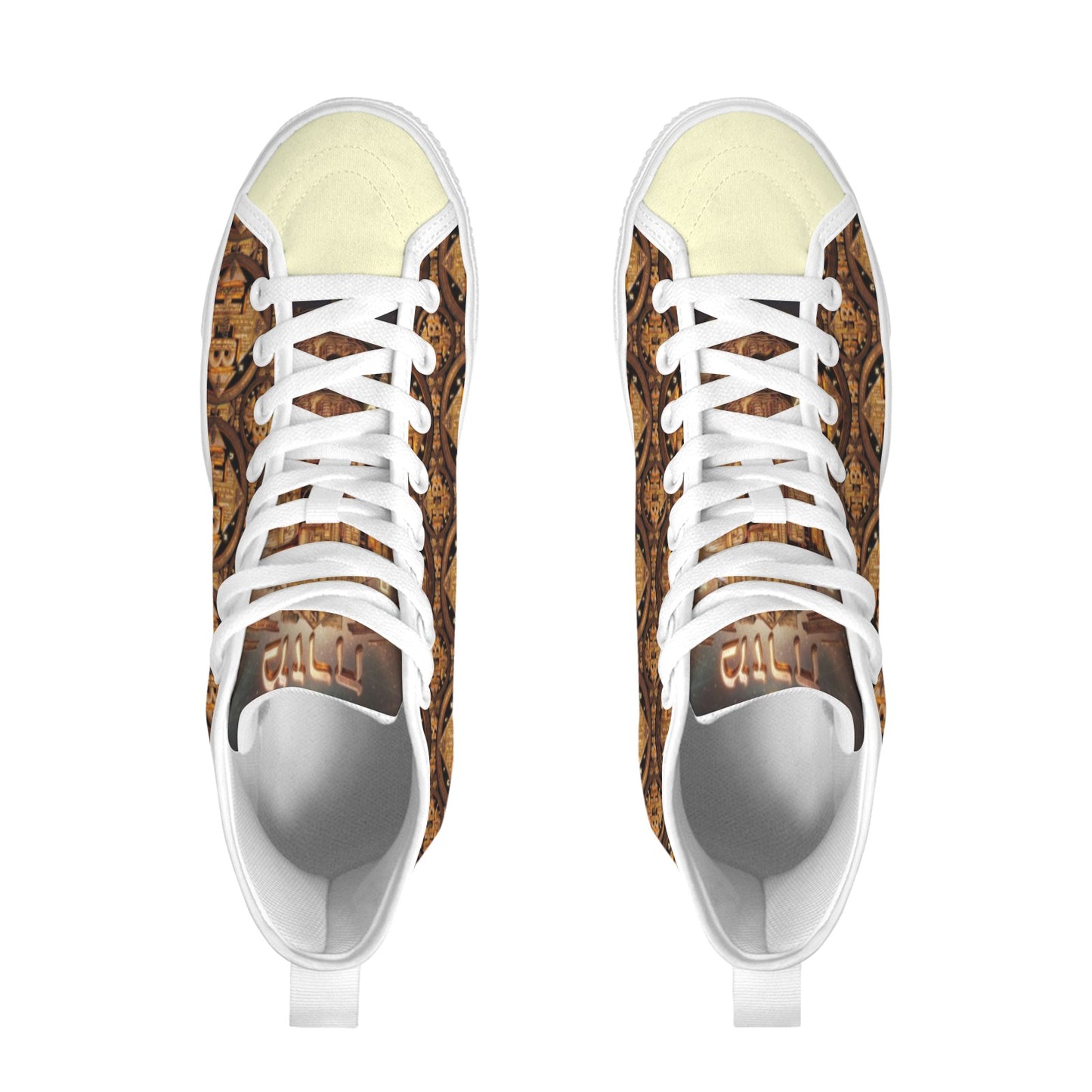 Overhead angled view of the Hebrew World Four Corners men's high-top canvas shoes showcasing the inner lining.