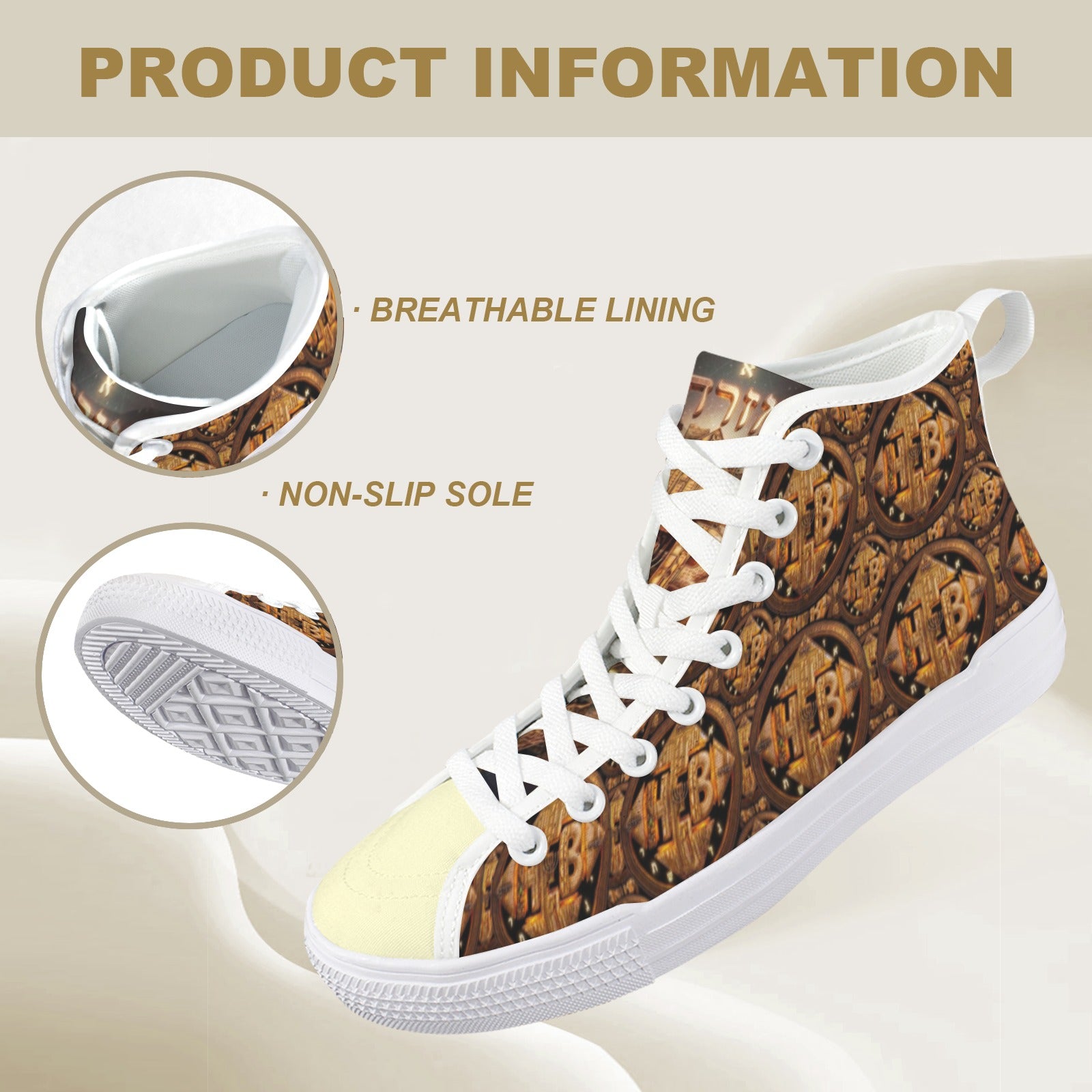 Product information graphic showing the breathable lining and non-slip sole of the high-top canvas shoe.