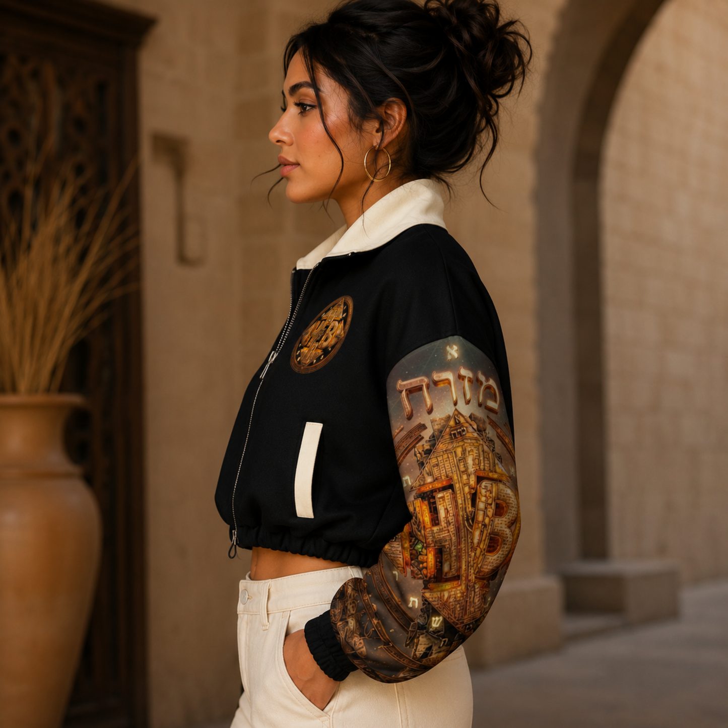 Left profile view of a woman showcasing the Hebrew World Four Corners of the Faith cropped fleece bomber jacket with Hebrew graphic sleeves.