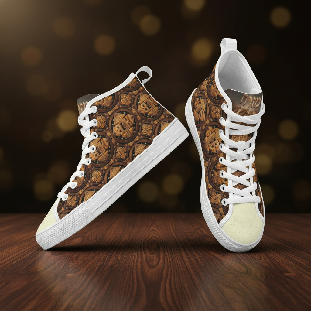 A pair of Hebrew World Four Corners men's high-top canvas shoes with a brown patterned design on a wooden table.
