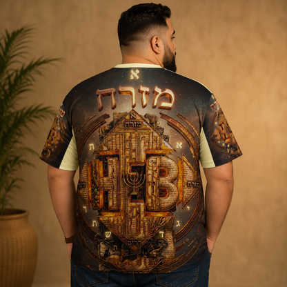 Back view of a man wearing the Hebrew World t-shirt, showing the full-print golden mystical faith design.