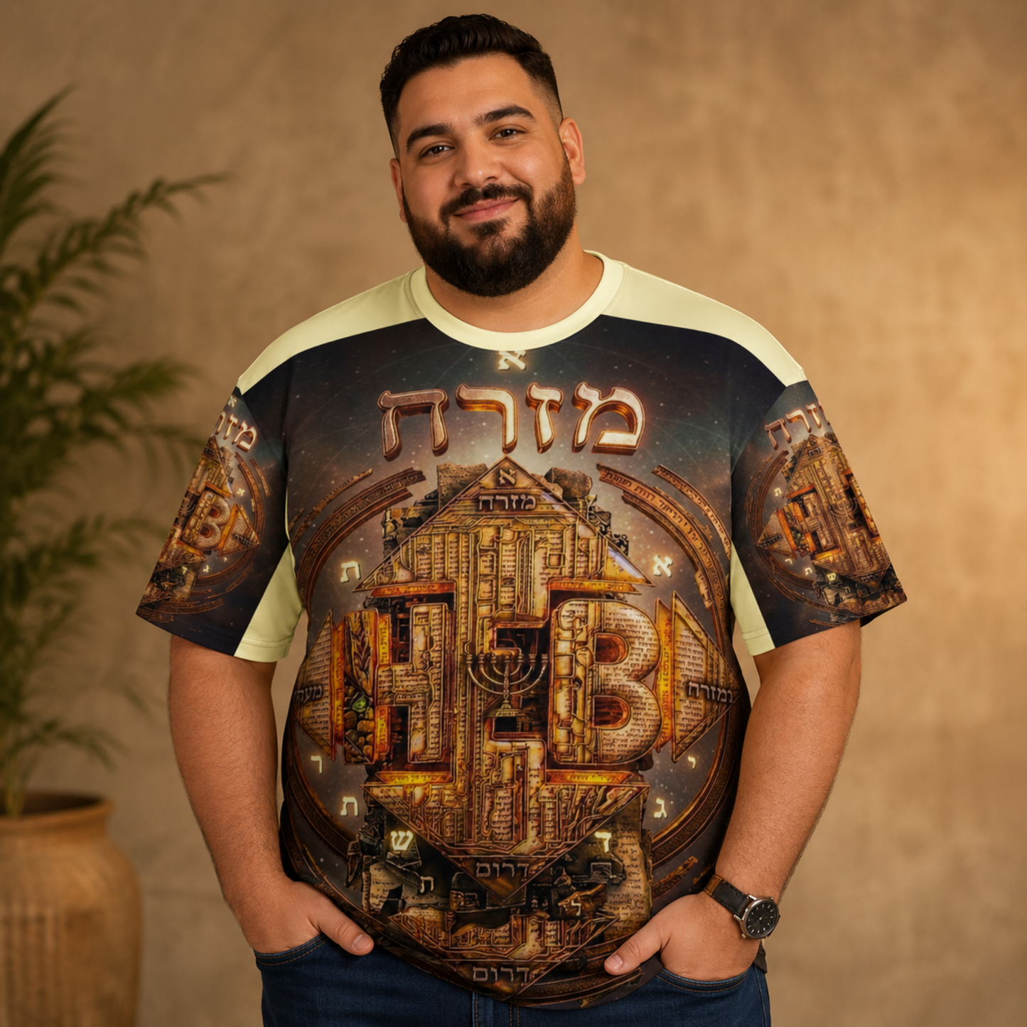 Front view of a bearded man wearing the Hebrew World plus-size drop-shoulder t-shirt with a golden ancient faith graphic.