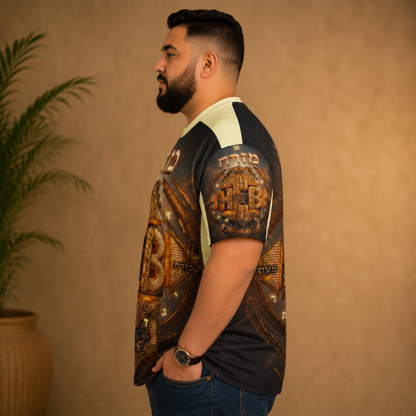 Left side profile view of a man showcasing the printed sleeve design on the Hebrew World drop-shoulder t-shirt.
