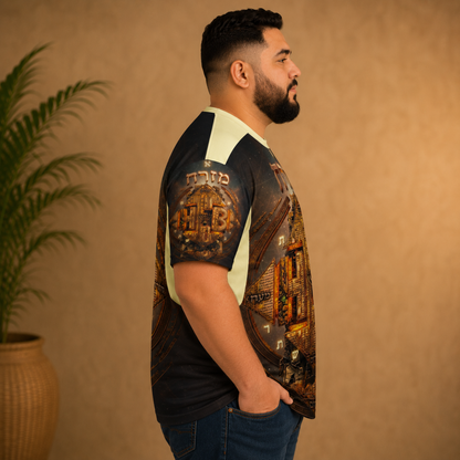 Right side profile view of a man wearing the Hebrew World plus-size drop-shoulder graphic t-shirt.