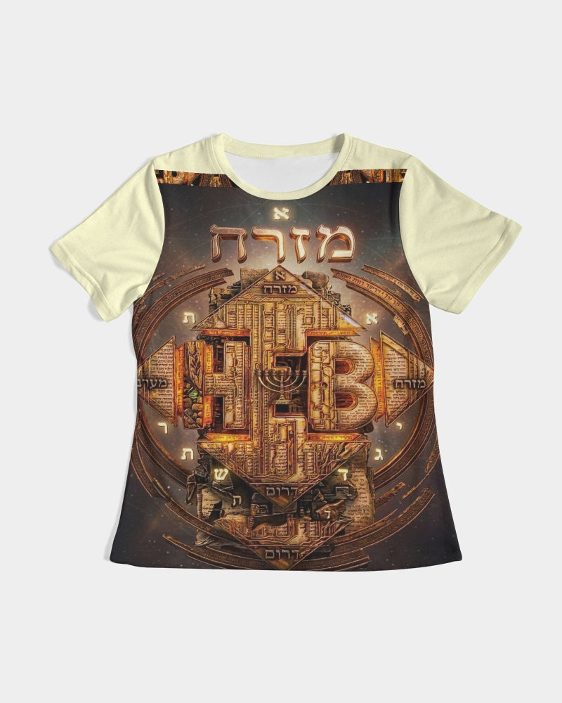 Front view flat lay of the Hebrew World: The Four Corners of the Faith women's fitted tee with cream sleeves and a detailed golden graphic design.
