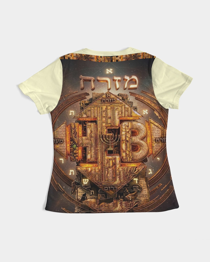 Back view flat lay of the Hebrew World women's fitted tee, displaying the intricate, ancient-style golden graphic print across the center.