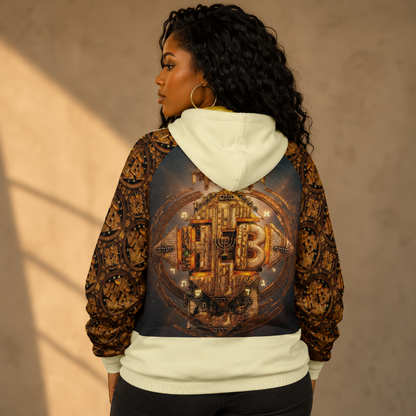 Back view of a woman wearing the Hebrew World Four Corners of the Faith women's half-zip raglan hoodie.