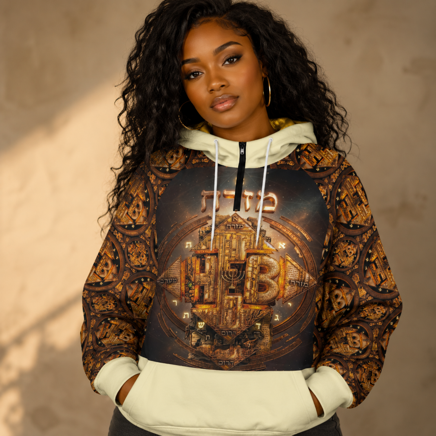 A woman wearing the Hebrew World Four Corners of the Faith women's half-zip raglan hoodie, front view.